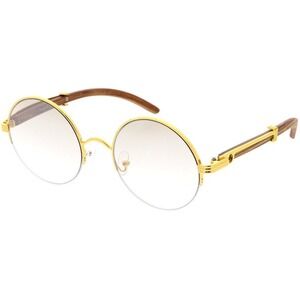 Round Sunglasses Gold Frame Wood Temple Vintage Style Men's‎ Clear Lens Festival